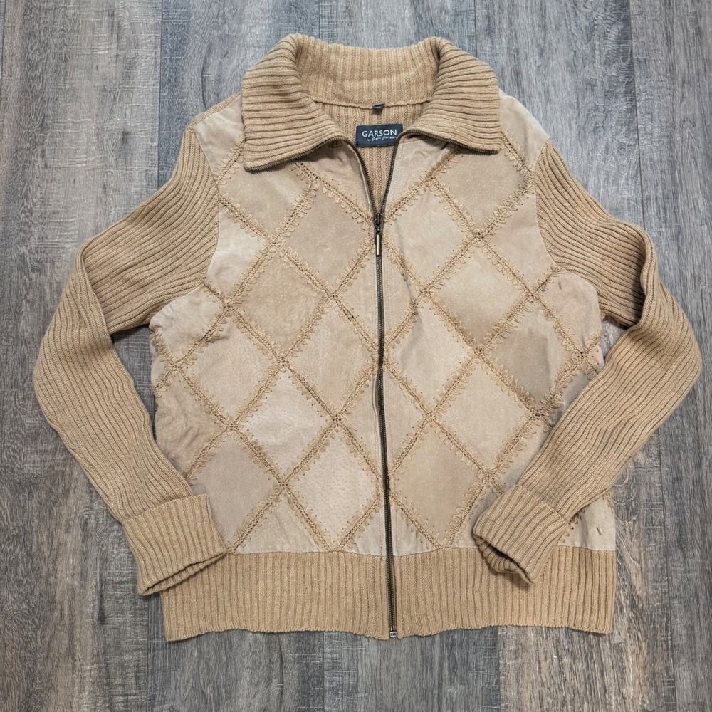 Rem‎ Garson Women's Tan Suede Leather Knit Zip Up Jacket Cardigan Festival Retro